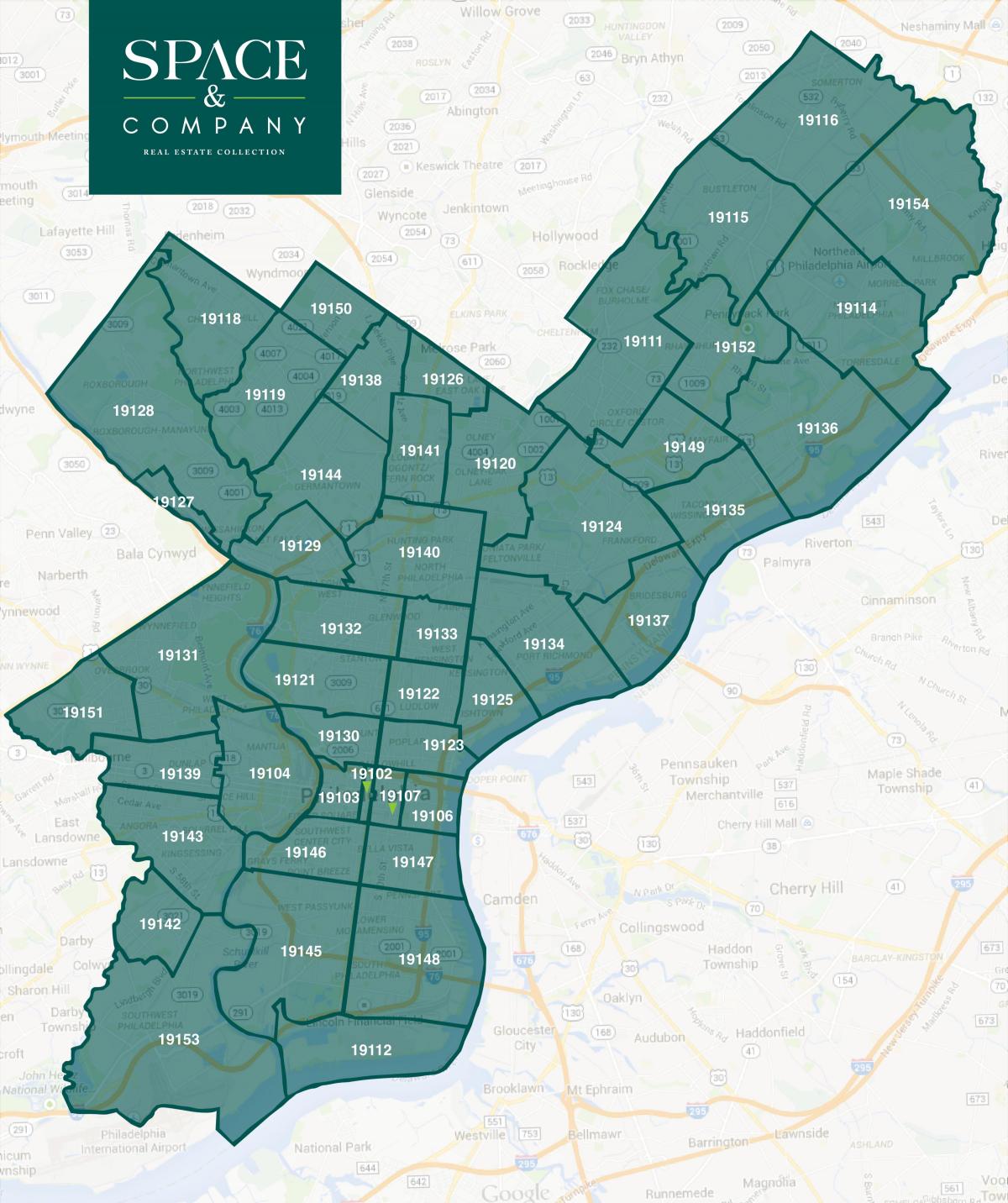 карта на околностите на Филаделфия и пощенски кодове